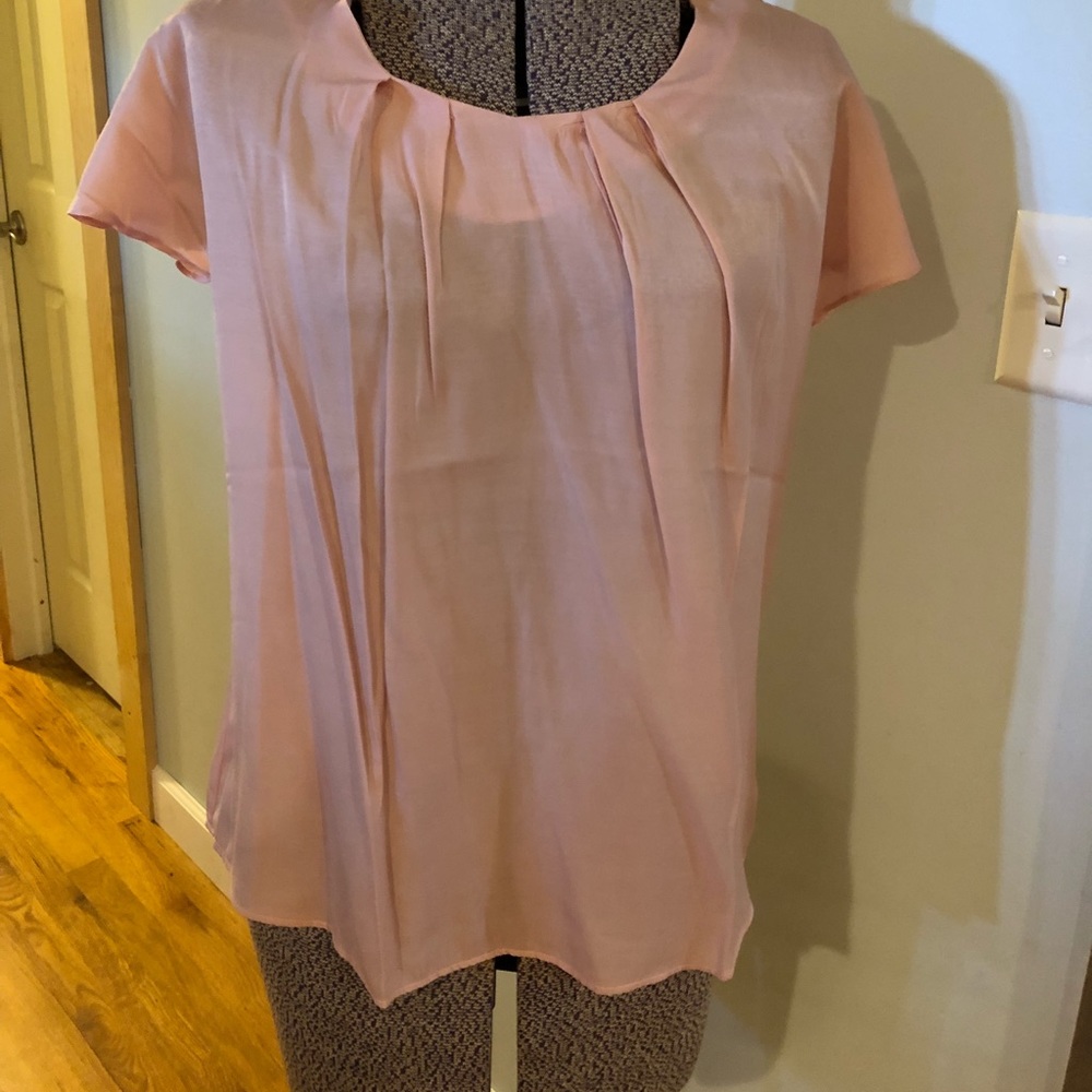 Pink V neck pleated cap blouse. New. With tags.
